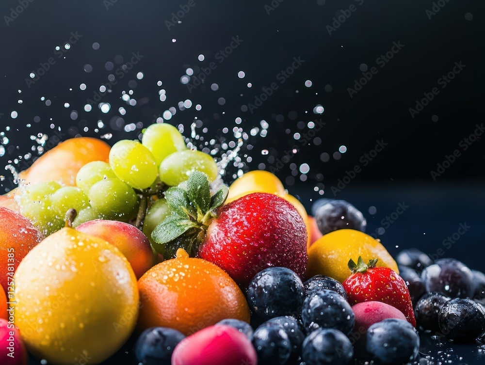 Poster assorted fresh fruits including apples bananas oranges grapes and berries in a bowl on a wooden tabl