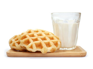 Round waffles on wooden tray with a milk glass isolated on white background