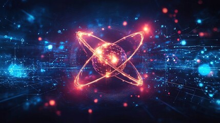 Abstract digital design with luminous data streams, glowing atoms, and scientific icons