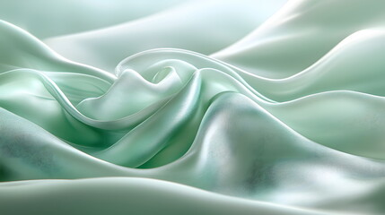 Fototapeta premium Soft green silk fabric arranged in elegant folds creating smooth, flowing waves and gentle textures.