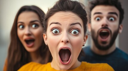 Three people are in a photo, with one woman having her mouth wide open