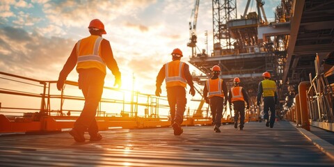 A dynamic image of workers engaging in team-building exercises during a mental health awareness session on the rig