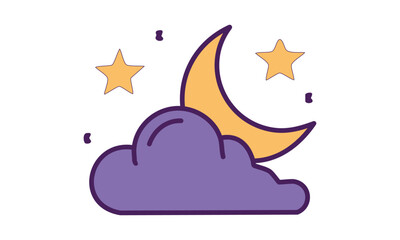A dreamy night sky with sleepy clouds, a crescent moon cuddling a tiny star