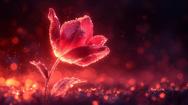 A close-up of a single pink tulip with delicate dewdrops on its petals, with copy space. 