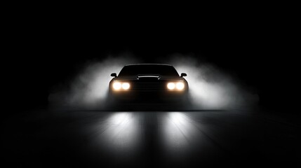 A black car in the dark with fog coming out of it