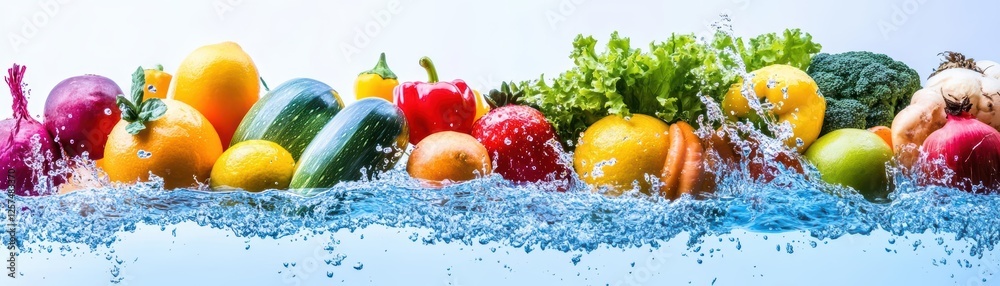 Poster Fresh vegetables splashing in water creating a dynamic and refreshing scene for healthy eating