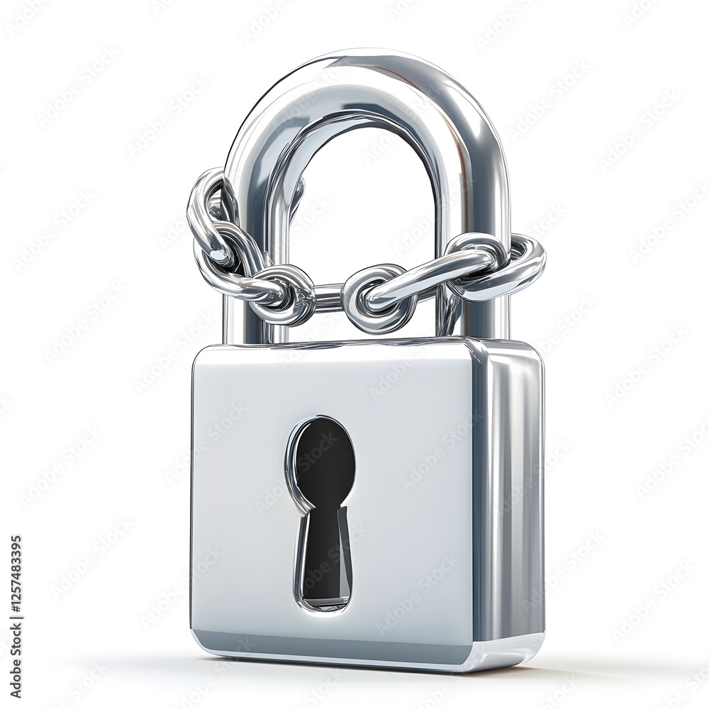 Poster 3d padlock secured with chain on white background