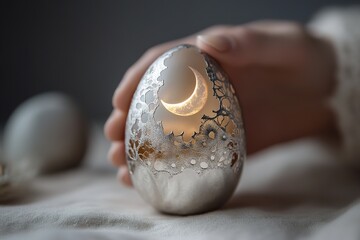 Naklejka premium A softly glowing silver Easter egg adorned with detailed lunar phases captures the enchanting light of a crescent moon. The serene ambiance invites admiration and reflection