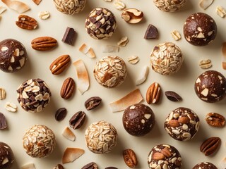 Assorted homemade energy balls on tray coconut flakes cocoa powder nuts oats and cacao nibs on cream background.