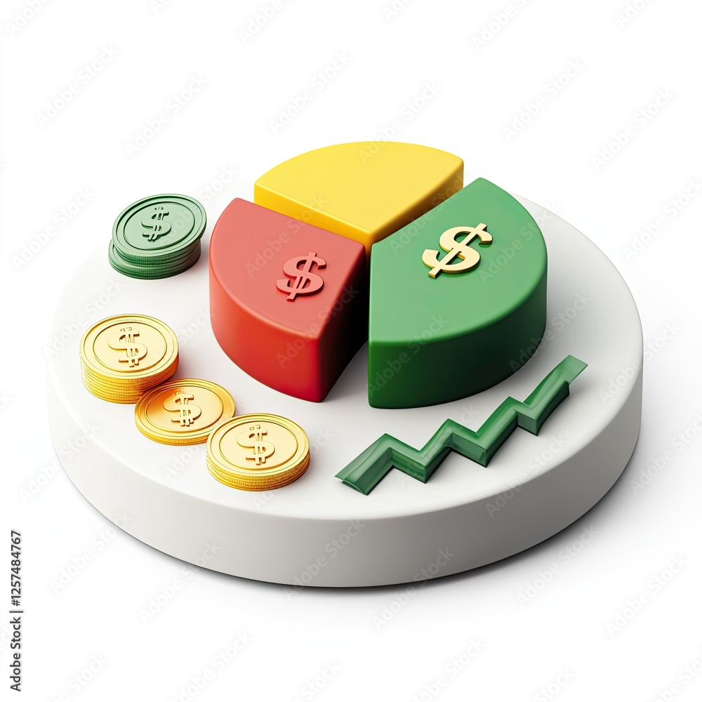 Poster 3d pie chart with coins and growth arrow
