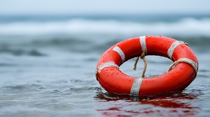 Life preserver on stormy beach; ocean waves background; safety and rescue concept; stock photo
