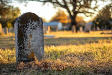       There is a stone grave in the grass with a tree in the background