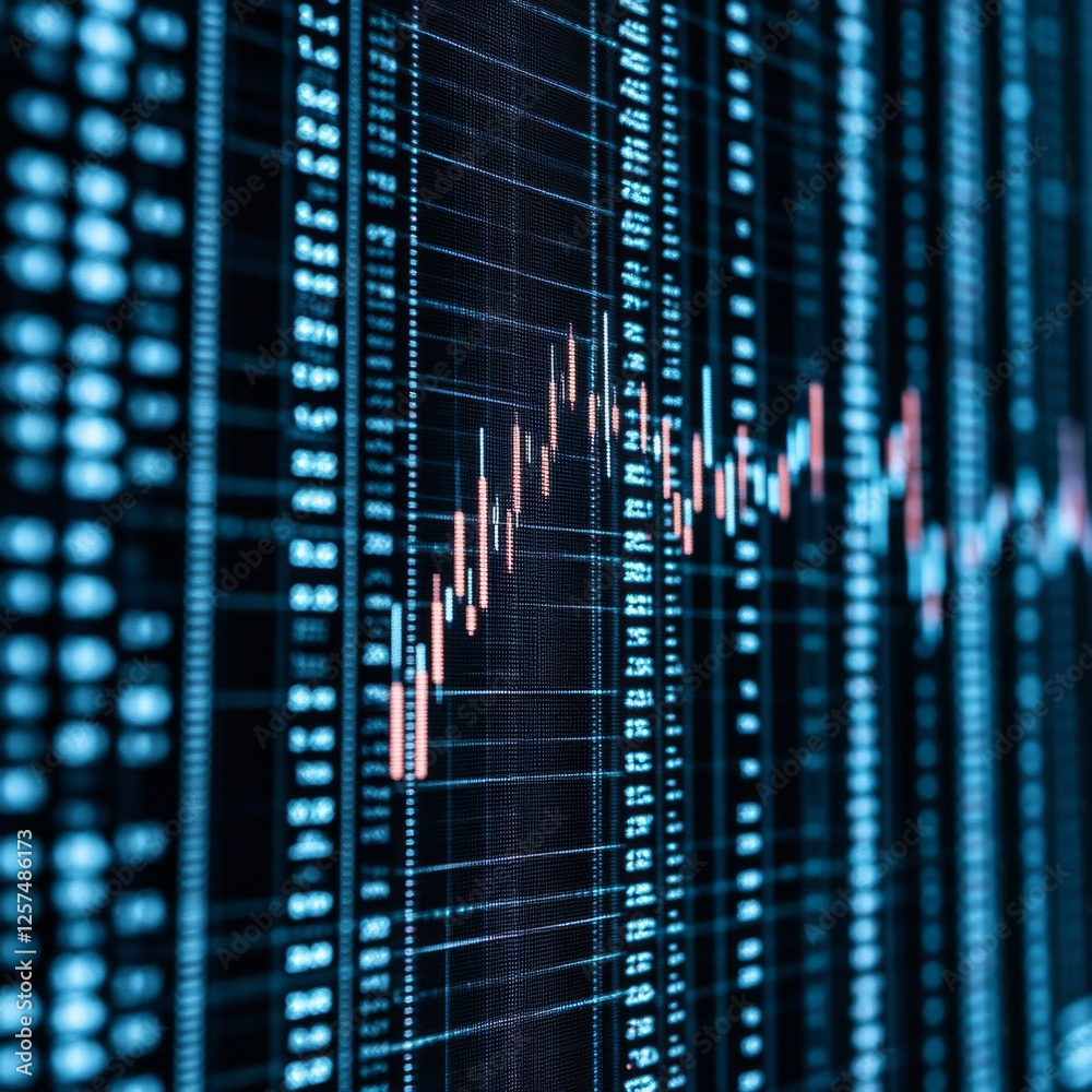 Poster Financial Data Visualization: Candlestick Chart Displayed on a Dark Blue Grid, Representing Market Trends and Analysis