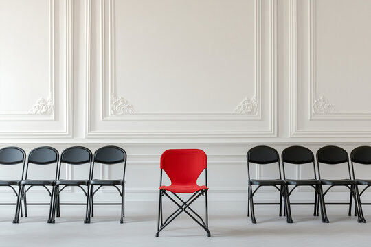 Sedia rossa tra tante sedie nere. Colloquio. Essere protagonista.