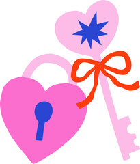 Obraz premium Cute simple isolated lock and key with bow vector illustration. Hand drawn Valentine graphic