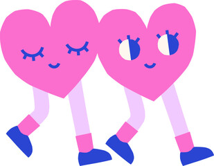 Cute groovy isolated heart characters walking together vector illustration. Hand drawn Valentine graphic
