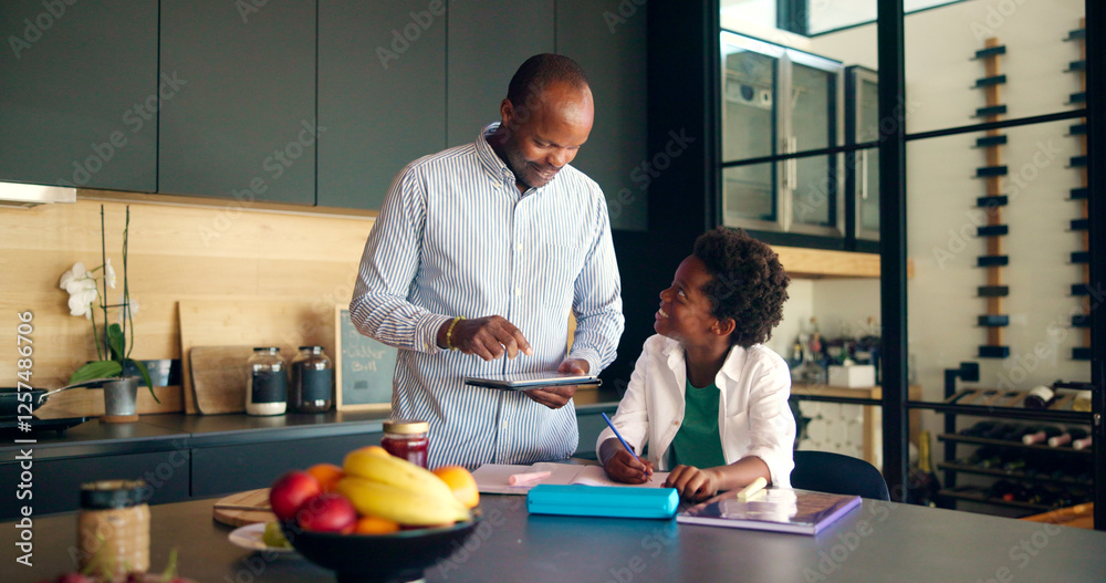 Poster homework, kid or father with tablet in home for elearning lesson, learning support or study. black f