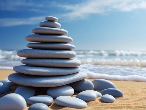 Tranquil stacked grey pebbles on sandy beach with gentle waves in the background under a clear blue sky capturing serenity and balance.
