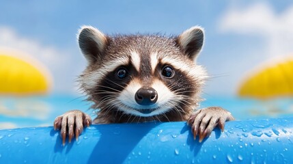 Fototapeta premium Raccoon is in the water and is smiling