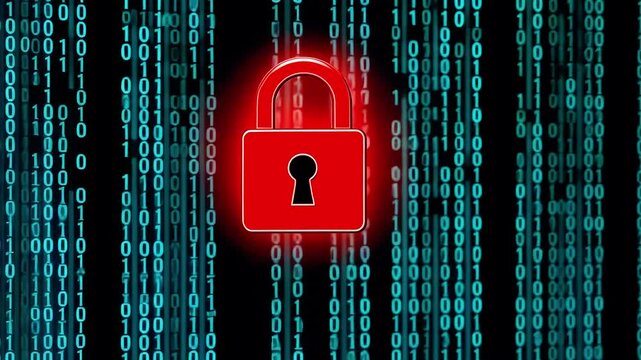 Digital security concept featuring a red padlock amidst flowing binary code representing data protection