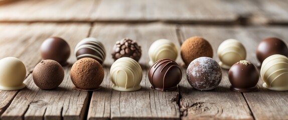 A row of assorted chocolate truffles are displayed on a wooden table