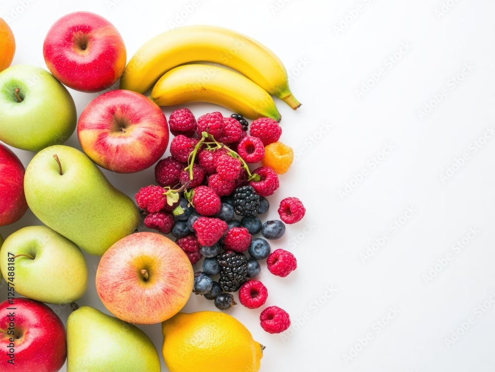 Poster assorted pile of fresh fruit including apples bananas and oranges on a white surface