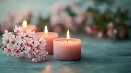 Pink candles and cherry blossoms on grey surface, peaceful spring scene, relaxation and spa concept