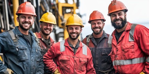 Fototapeta premium A group of oil rig workers posing for a team photo, smiling confidently against the backdrop of heavy machinery