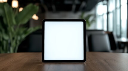 Fototapeta premium Tablet is sitting on a table in a room with a plant in the background