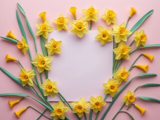 Top view of a composition featuring daffodil flowers on a pink background with a blank card perfect for copy space image.