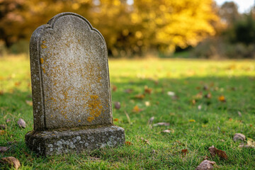       There is a tombstone in a cemetery with a sunset in the background