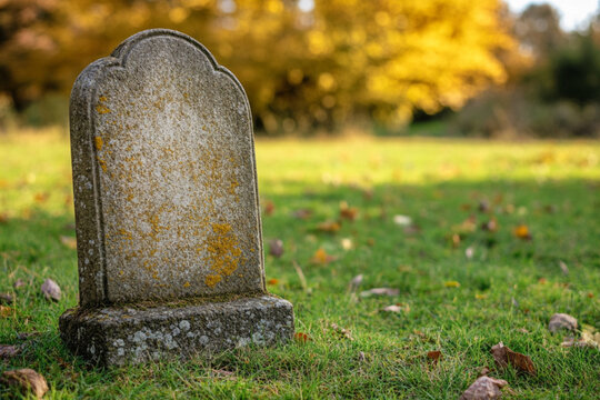       There is a tombstone in a cemetery with a sunset in the background