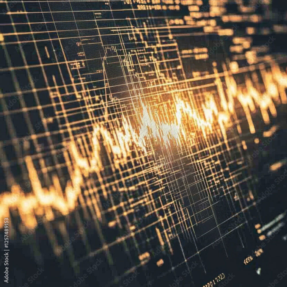 Poster Golden Grid Digital Network: Data Analysis and Visual Representation in Financial Markets, Emphasizing High-Frequency Trading and Technical Indicators