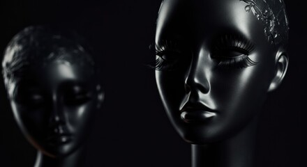 Elegant black mannequins with striking features against a dark background