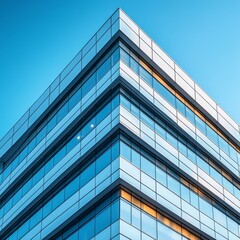Obraz premium Glass Facade Architecture: Modern Building Corner Reflecting a Bright Blue Sky, Showcasing Contemporary Design and Geometric Precision