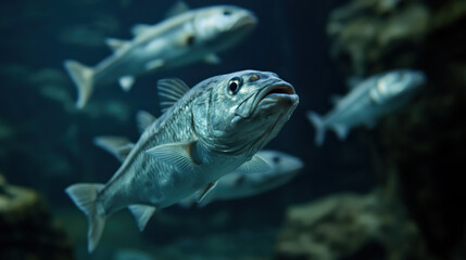 A group of barracuda fish, swimming underwater