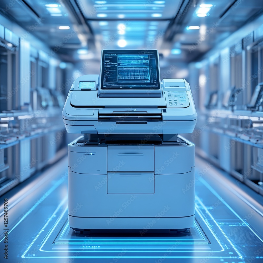 Poster High-Tech Printer in a Futuristic Server Room: Blue-Lit Machine Displays Complex Data and Controls in Advanced Technological Environment.