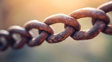 Fototapeta premium Rusty chain links close-up, outdoors, blurred background, sunlight. Strength, connection concept