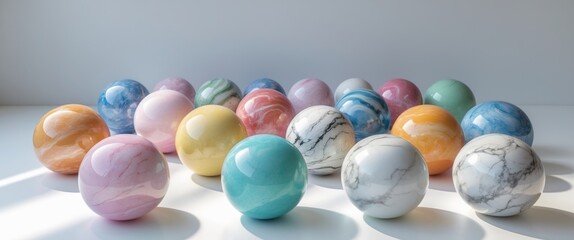 colorful marble sphere balls aligned on white surface