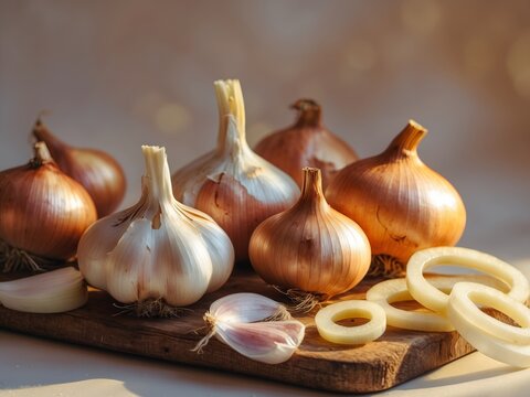 Creative scene of garlic onions featuring aromatic bulbs and sliced rings