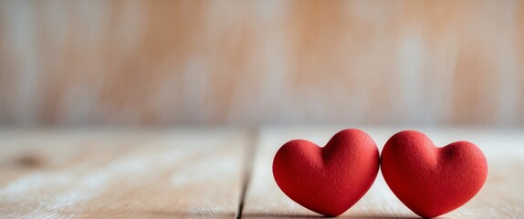 Fototapeta premium Two Red Hearts on Light Wooden Surface for Valentine's Day Decoration or Sale Promotions.