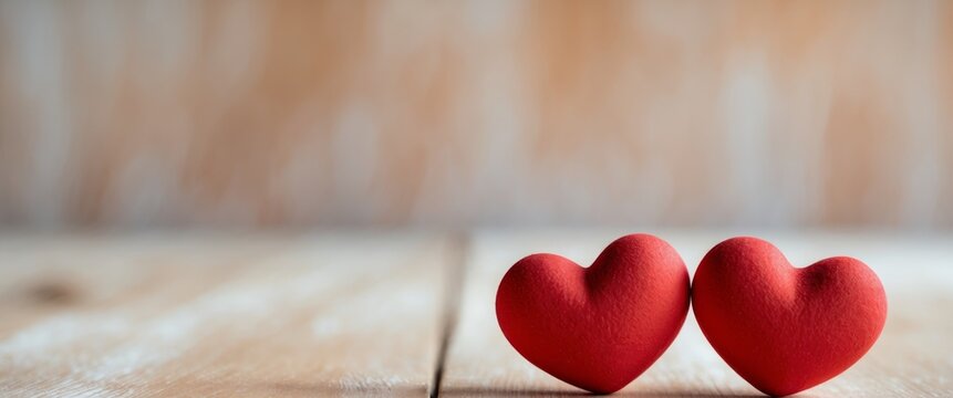 Two Red Hearts on Light Wooden Surface for Valentine's Day Decoration or Sale Promotions.
