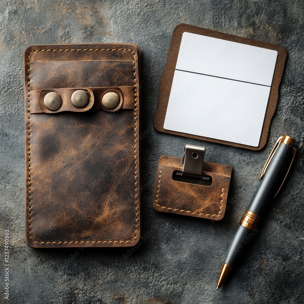 Poster leather wallet set with pen and notepad, rustic style, top view arrangement on textured background, 