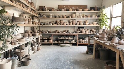 Fototapeta premium Pottery studio filled with clay pots and ceramics on wooden shelves