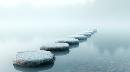 Serene stepping stones path across calm misty lake; peaceful journey concept;  background of foggy forest