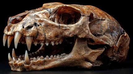 Naklejka premium Detailed close-up of a fossilized skull showcasing intricate bone structure against a dark background