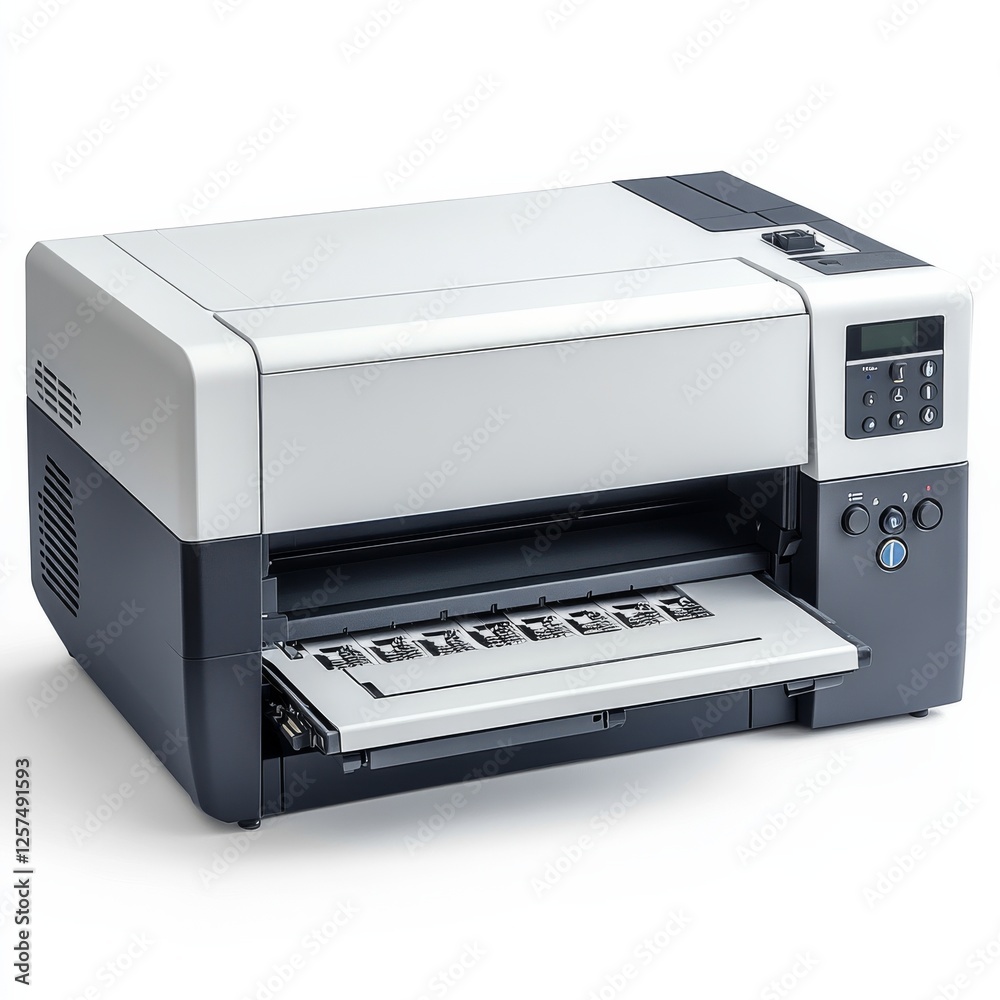Poster professional inkjet printer with paper output tray on white background, perfect for office use and h