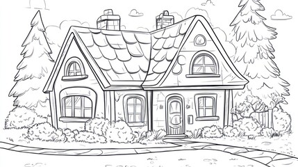 Obraz premium Charming cottage, idyllic setting, sunny day, coloring book illustration