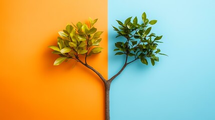 Split tree, contrasting colors, vibrant leaves, growth concept, environmental background, sustainability illustration