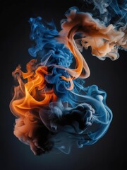 Fototapeta premium Abstract Ink Dance: A mesmerizing swirl of blue and orange ink creates an ethereal, abstract form against a dark background. The vibrant colors blend and contrast.